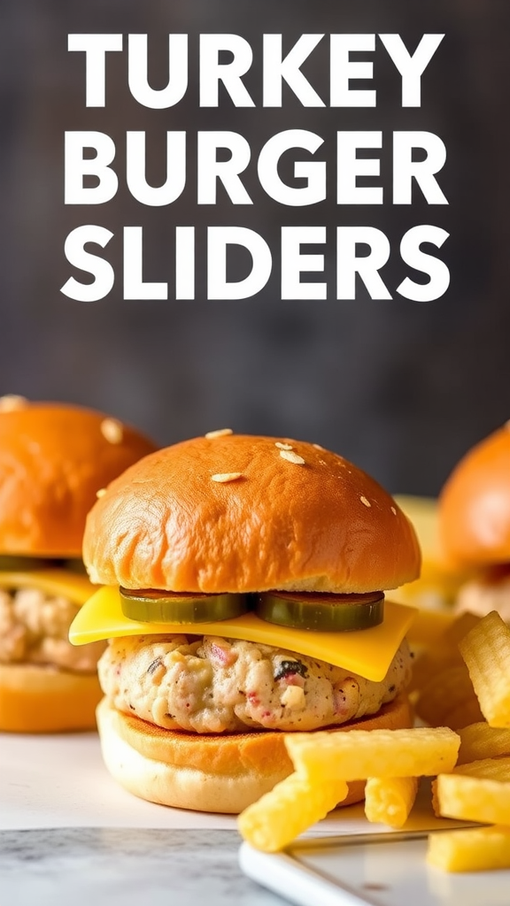Turkey burger sliders with cheese and pickles in sesame seed buns, served with fries