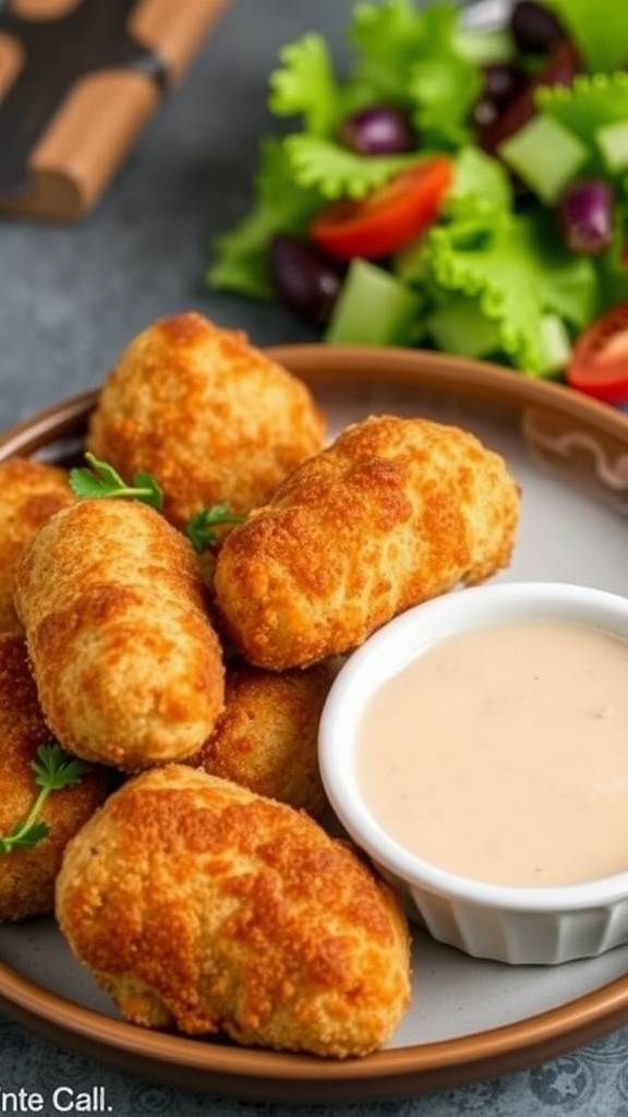 A plate of golden turkey croquettes with a side of dipping sauce and a fresh salad.