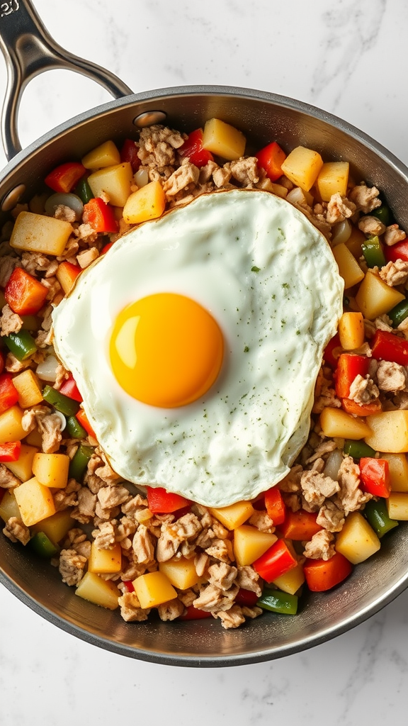 A skillet filled with turkey hash topped with a fried egg, colorful vegetables, and diced potatoes.