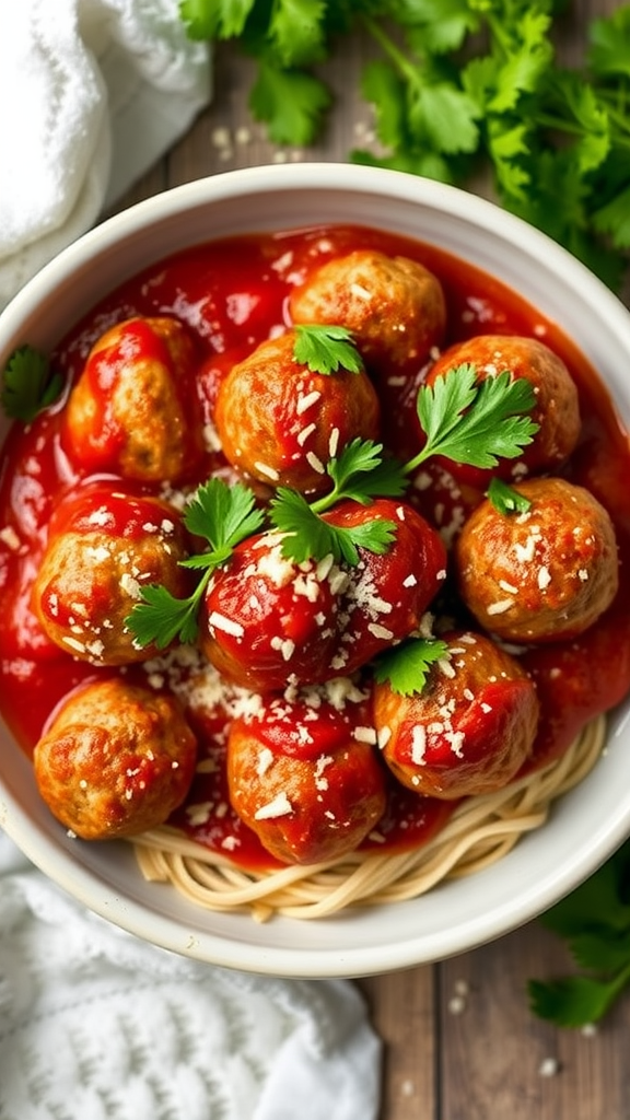 A bowl of turkey meatballs in tomato sauce with cilantro on top, served over spaghetti.