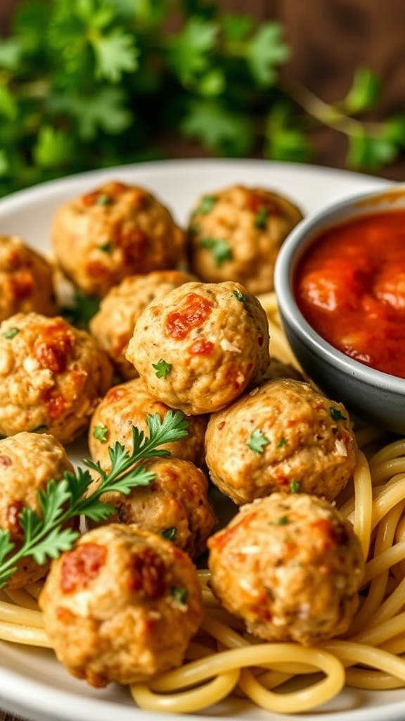 Plate of turkey meatballs served with spaghetti and marinara sauce