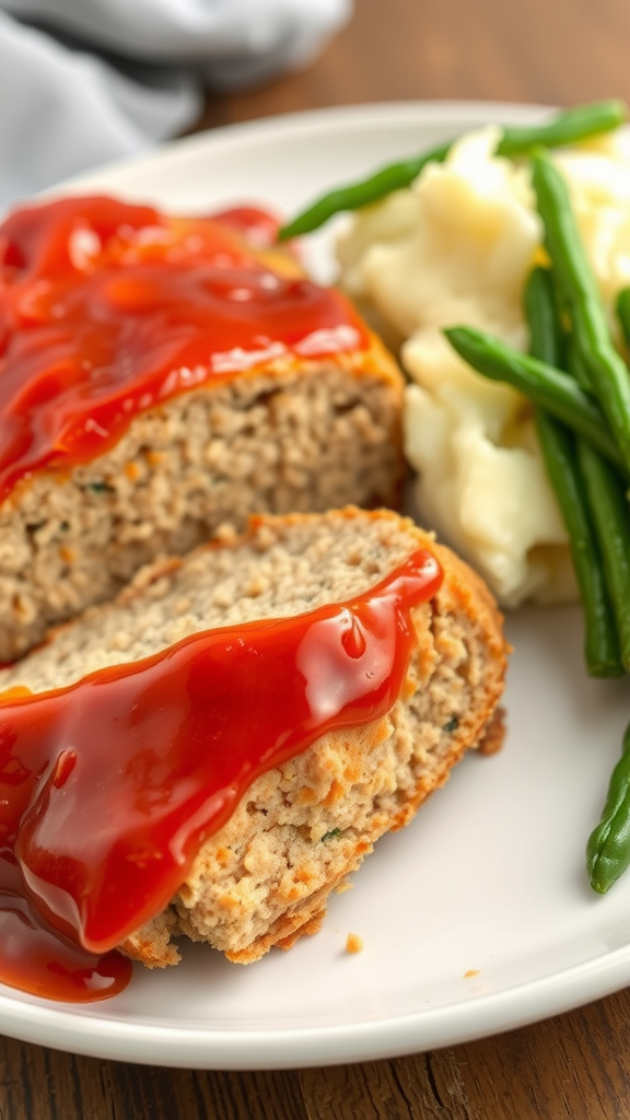 Turkey meatloaf with ketchup glaze, mashed potatoes, and green beans on a plate