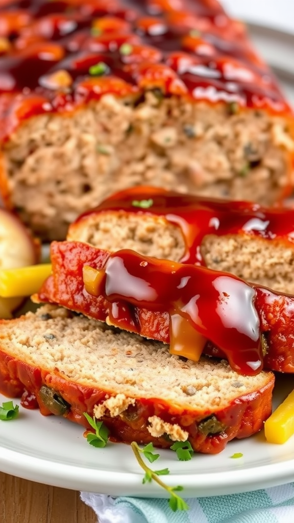 A plate of sliced turkey meatloaf drizzled with ketchup, showcasing the juicy texture and colorful veggies inside.
