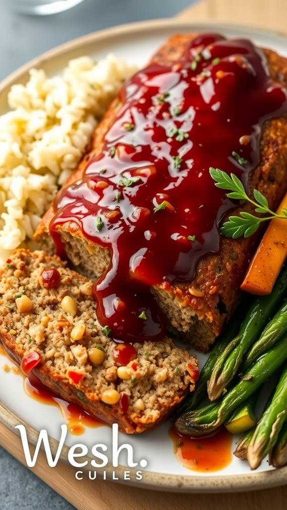 A delicious turkey meatloaf served with rice and vegetables