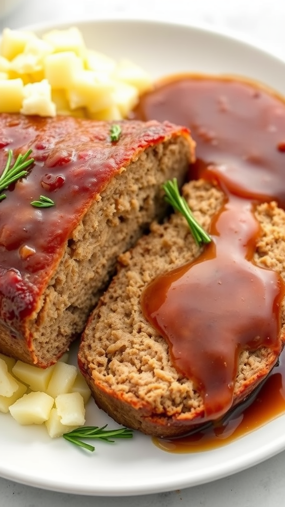 Sliced turkey meatloaf with sauce and diced cheese on a plate