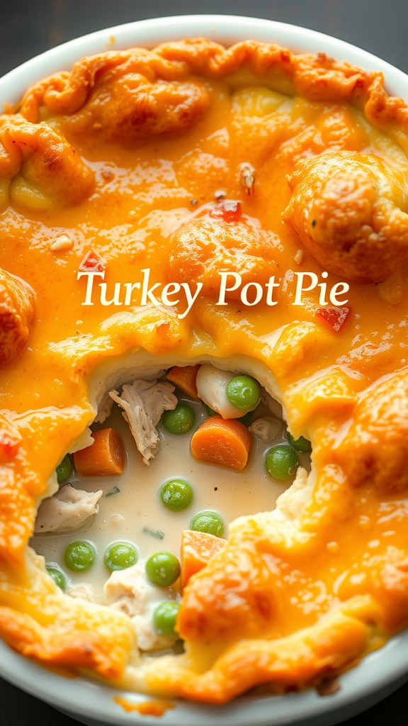 A golden brown turkey pot pie with colorful vegetables peeking out