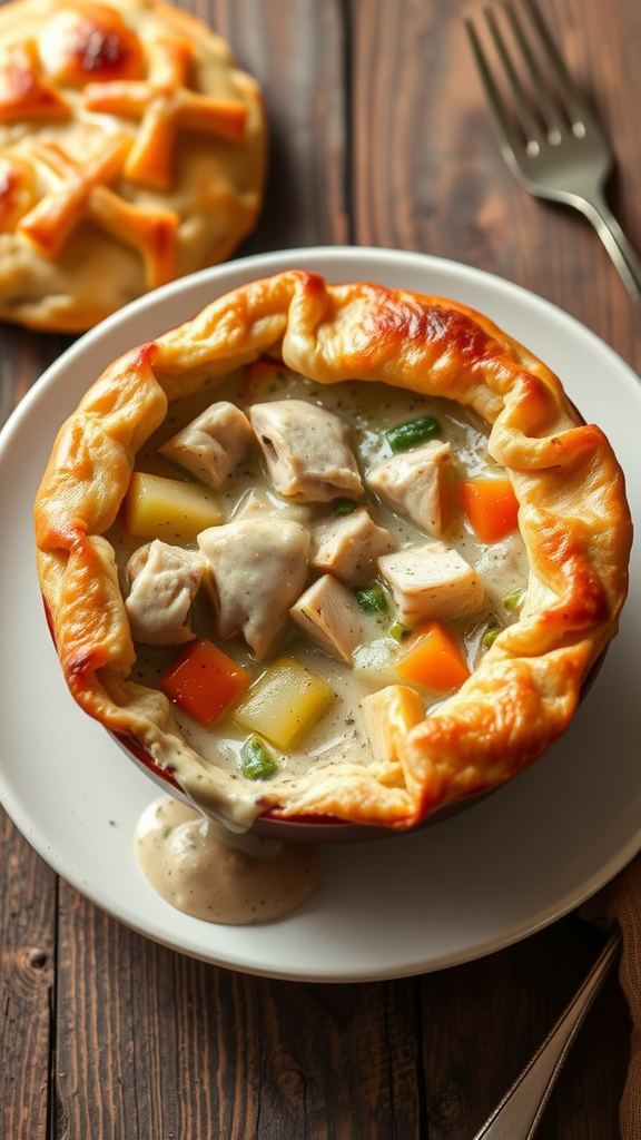 A delicious turkey pot pie with vegetables in a golden crust, served on a plate with a smaller pot pie in the background.