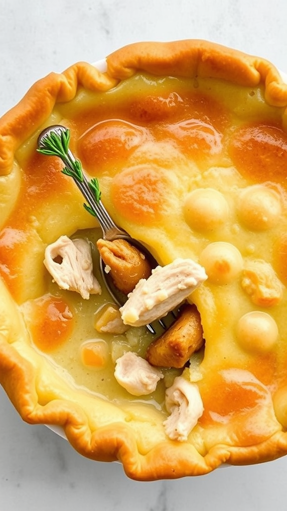 A turkey pot pie with a golden crust, filled with chicken and creamy gravy, garnished with a sprig of thyme.