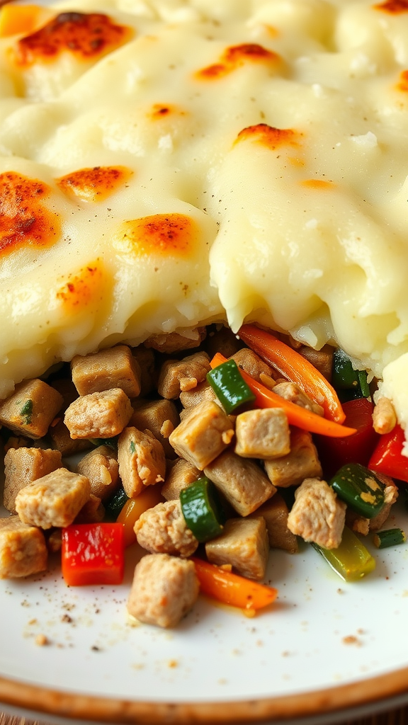 A close-up of Turkey Shepherd's Pie with golden mashed potato topping and a colorful filling of ground turkey and vegetables.