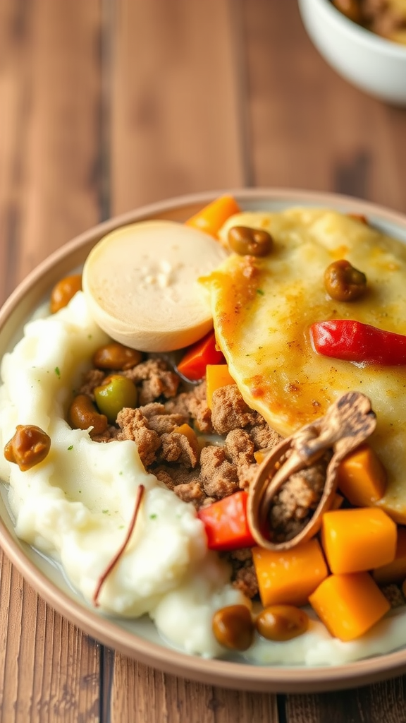 A plate of Turkey Shepherd's Pie with ground turkey, colorful vegetables, and creamy mashed potatoes.