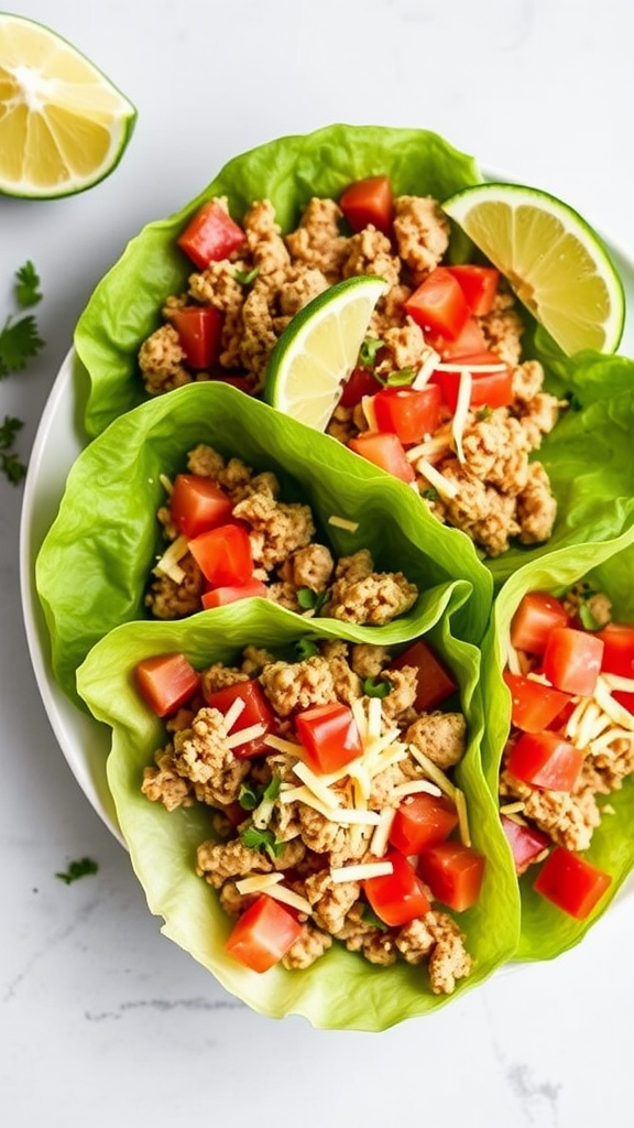 A plate of Turkey Taco Lettuce Wraps filled with ground turkey, tomatoes, and cheese, garnished with lime slices.
