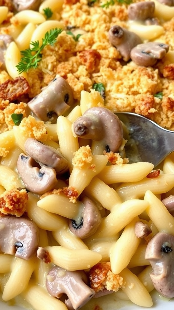 A close-up image of Turkey Tetrazzini featuring pasta, mushrooms, and a breadcrumb topping.