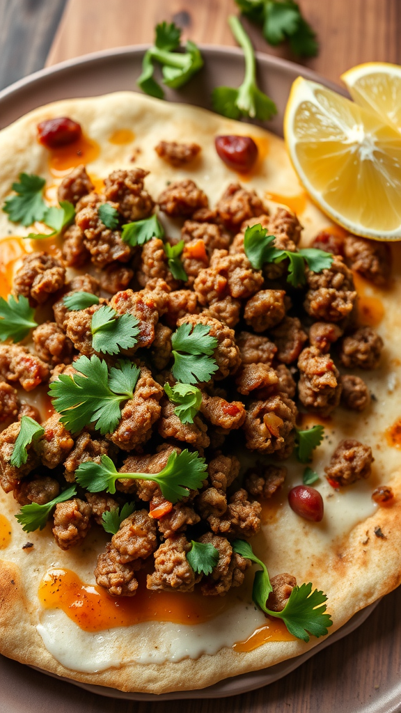 A delicious Turkish Lahmacun topped with ground meat, fresh herbs, and lemon slices.