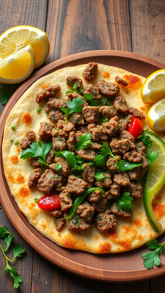 A plate of Turkish Lahmacun topped with ground meat and garnished with herbs and vegetables.