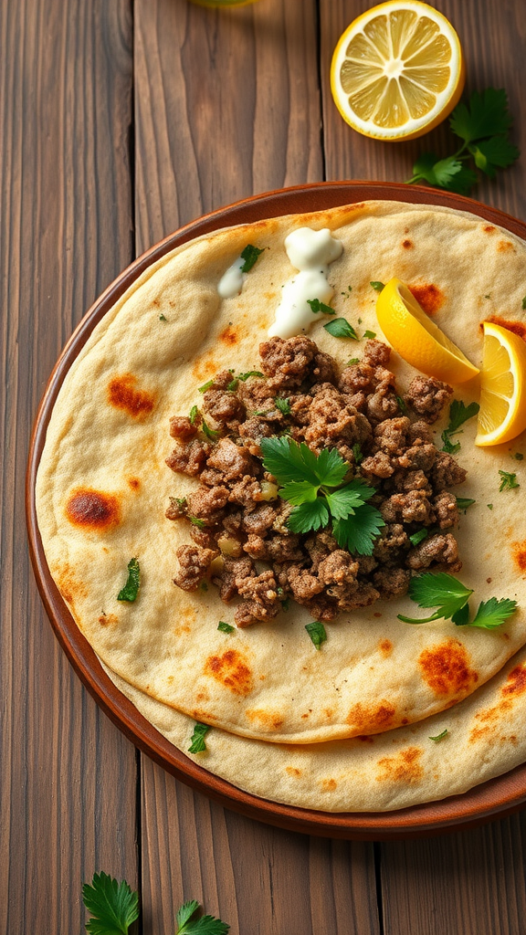 Turkish Lahmacun with ground meat, garnished with herbs and lemon slices, served on a wooden plate