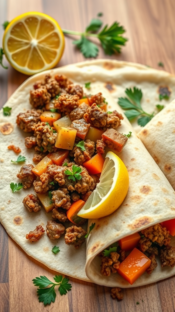 Turkish Lahmacun with ground meat and vegetables on flatbread, garnished with lemon.