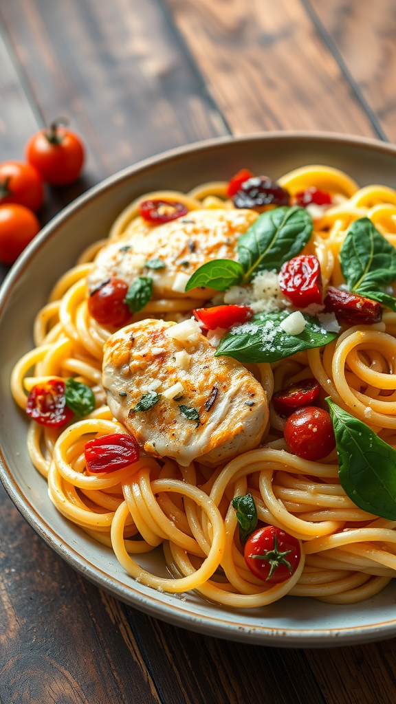 A plate of Tuscan chicken pasta with grilled chicken, cherry tomatoes, and spinach.