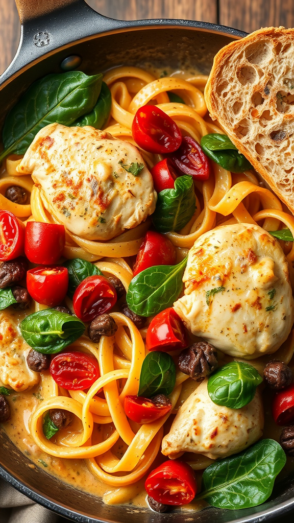 A vibrant plate of Tuscan Chicken Pasta with spinach and cherry tomatoes