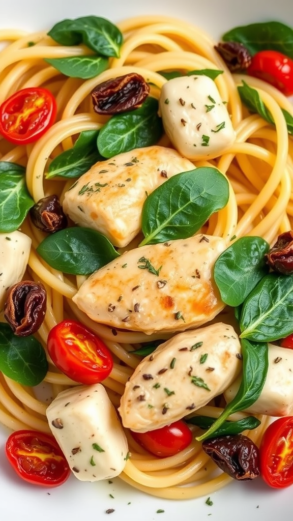 A bowl of Tuscan Chicken Pasta featuring spaghetti, chicken pieces, cherry tomatoes, and fresh basil.