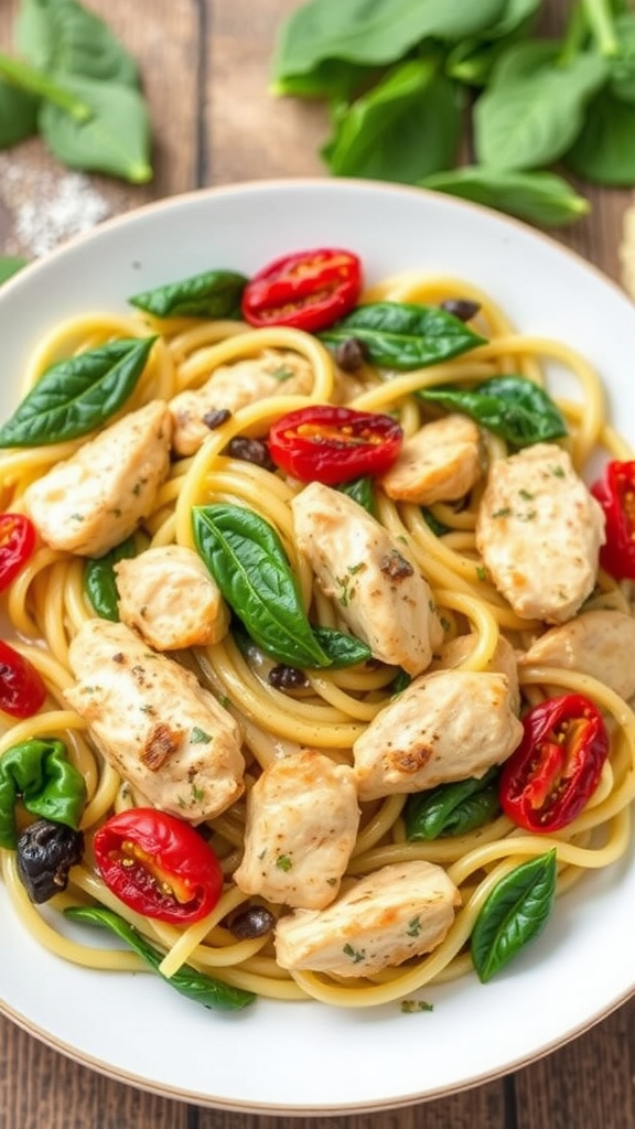 A delicious plate of Tuscan Chicken Pasta with chicken, spinach, and cherry tomatoes