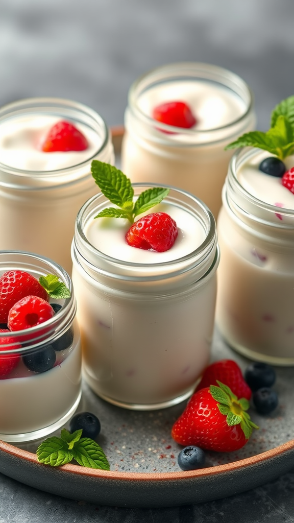 Five jars of vanilla bean panna cotta topped with strawberries, blueberries, and mint leaves
