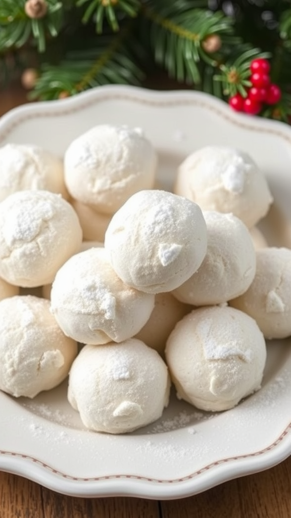 A platter of Vanilla Bean Snowball Cookies dusted with powdered sugar, decorated with pine branches and red berries for a festive touch.