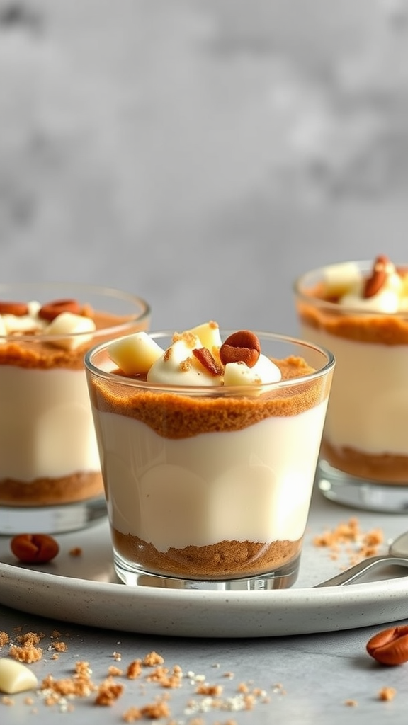 Three glasses of vanilla pudding topped with gingerbread crust and whipped cream, garnished with gingerbread pieces.