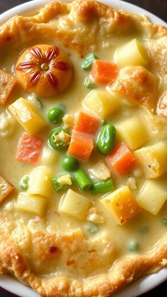 A delicious vegetable pot pie with colorful vegetables and a golden crust.