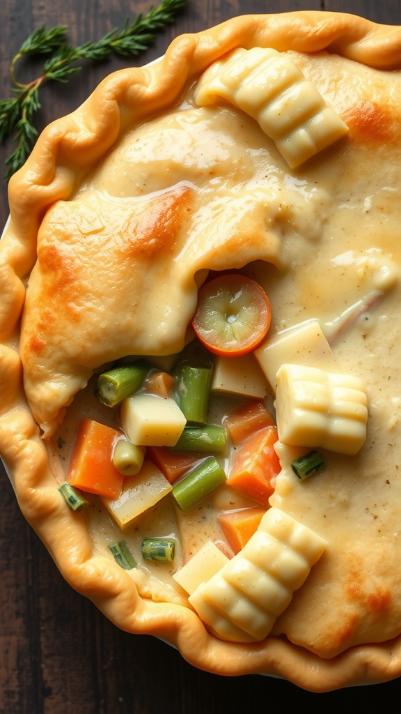 A delicious vegetable pot pie with a golden crust and colorful veggies peeking through.
