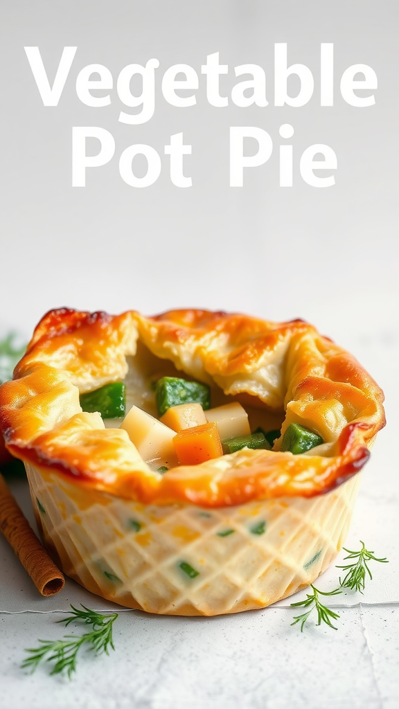 A delicious vegetable pot pie with a golden crust and colorful vegetable filling