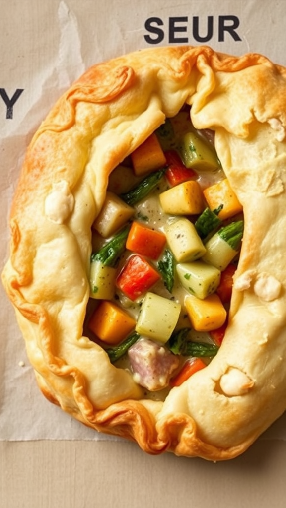 Vegetable pot pie with colorful vegetables peeking out from a flaky crust