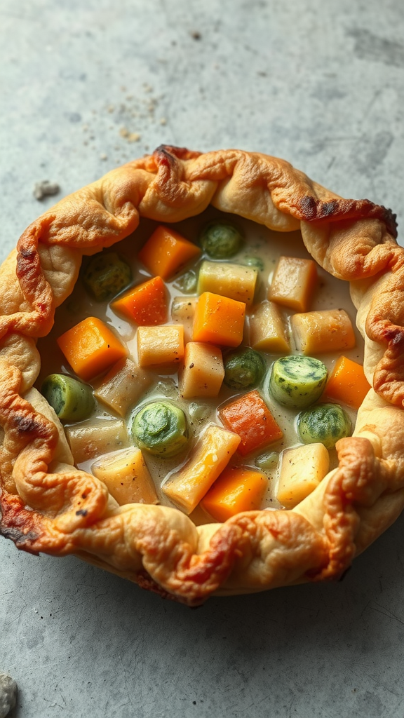 A freshly baked vegetable pot pie with a golden crust filled with colorful vegetables.