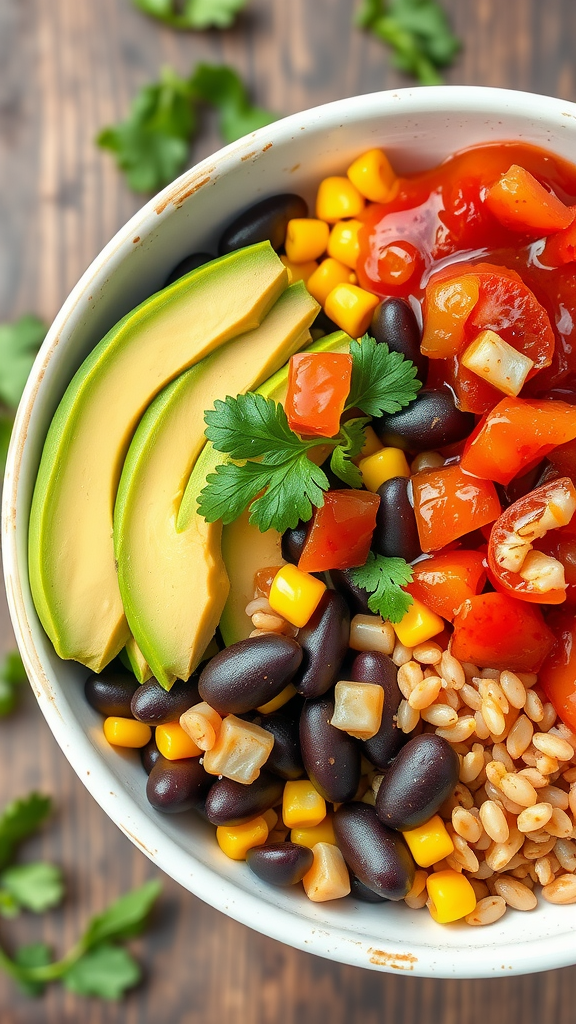 A colorful Vegetarian Burrito Grain Bowl filled with black beans, corn, avocado, tomatoes, and cilantro.