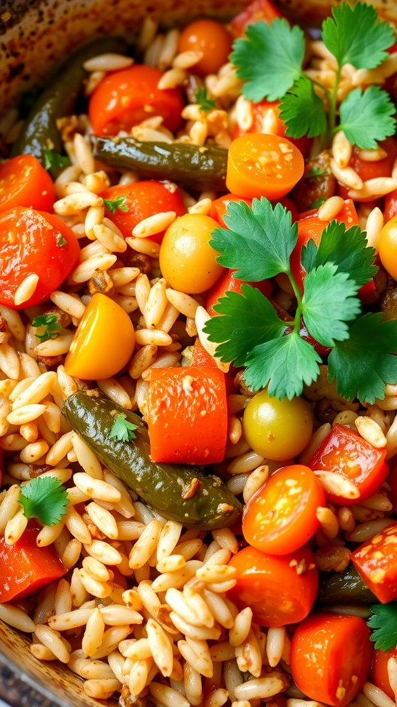 A close-up of vegetarian jambalaya featuring orzo, diced tomatoes, bell peppers, and fresh cilantro.