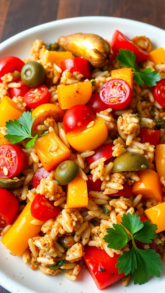 A colorful plate of Vegetarian Jambalaya with rice, bell peppers, tomatoes, and olives.