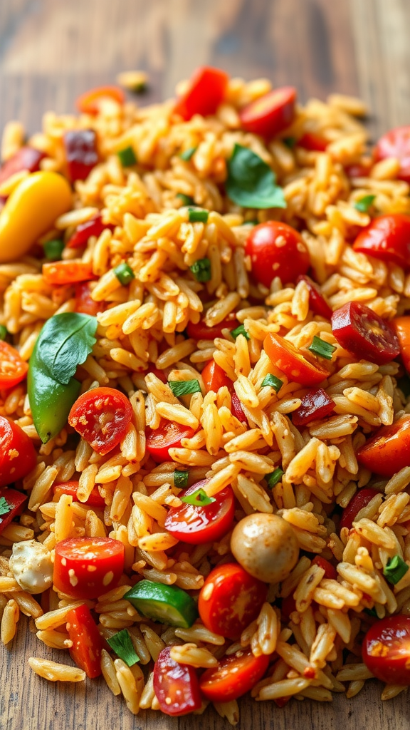 A plate of colorful vegetarian jambalaya with rice, tomatoes, and peppers.