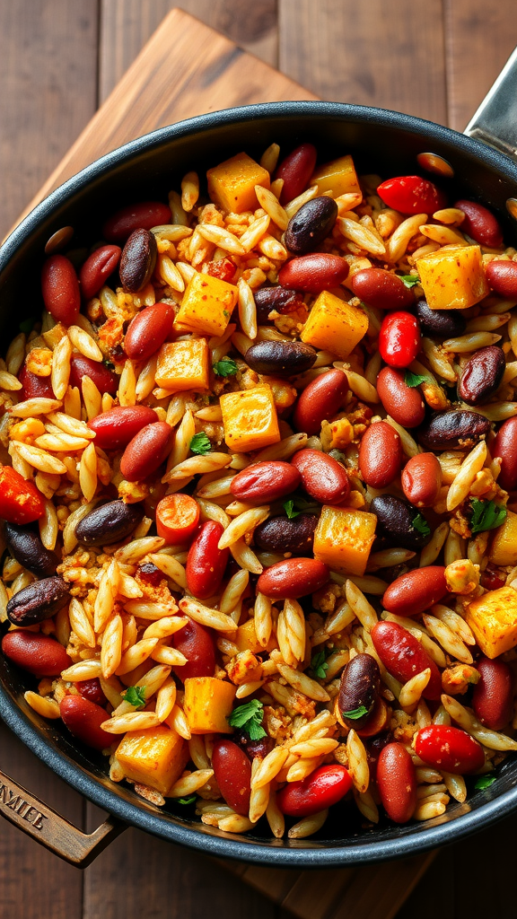 A vibrant plate of Vegetarian Jambalaya with beans, orzo pasta, and squash.