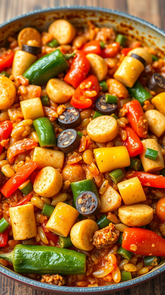 A pot filled with colorful vegetarian jambalaya featuring rice, bell peppers, and various plant-based proteins.
