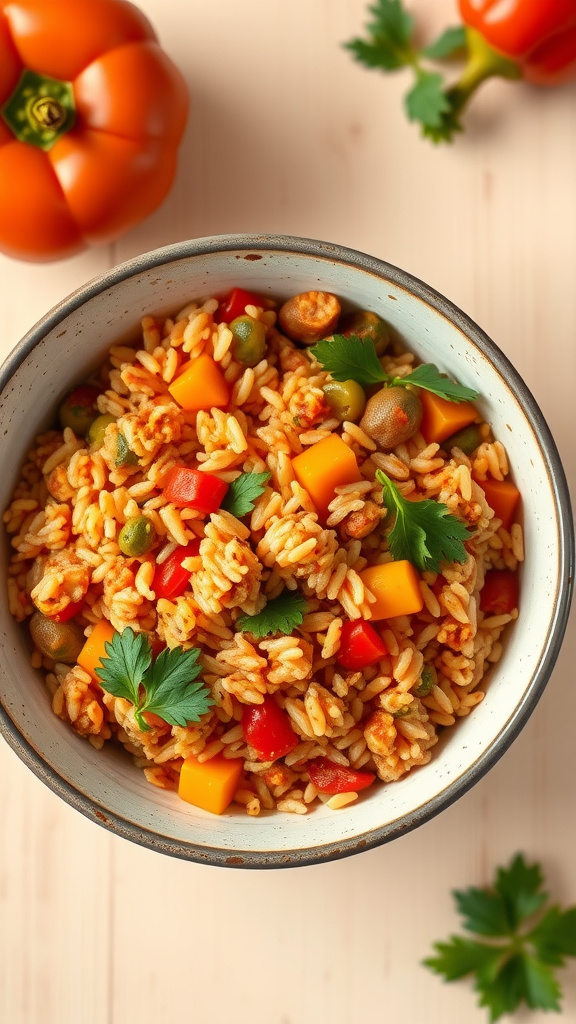 A bowl of colorful Vegetarian Jambalaya with rice, peppers, and cilantro garnished on top.