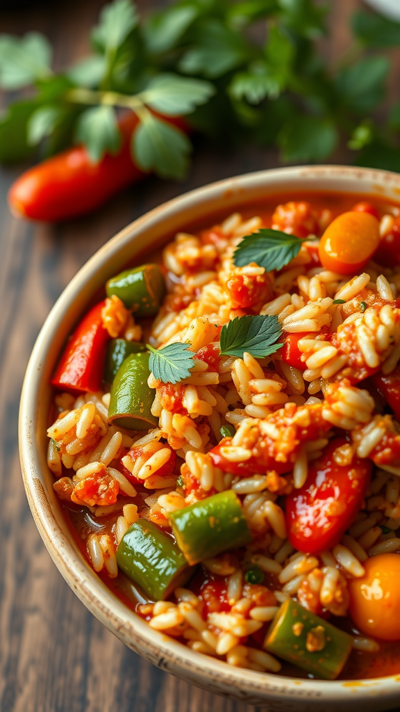 A bowl of colorful vegetarian jambalaya with fresh vegetables.
