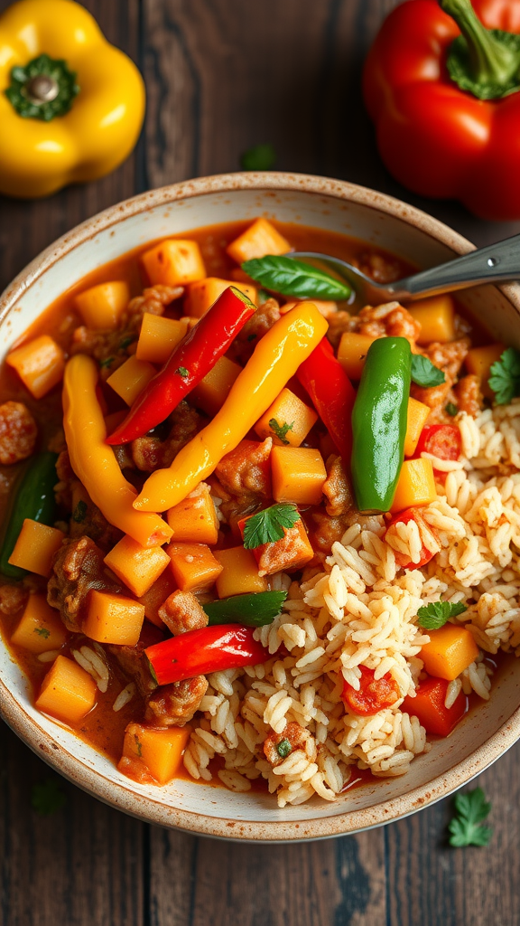 A colorful bowl of vegetarian jambalaya with bell peppers, potatoes, and rice.