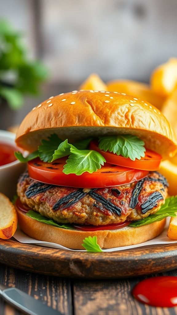 Delicious veggie burger with tomatoes and salad leaves in a sesame seed bun