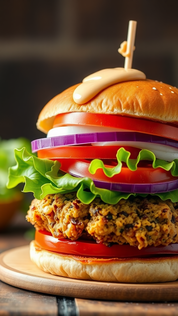 A colorful veggie burger with layers of lettuce, tomato, onion, and a veggie patty, topped with sauce.