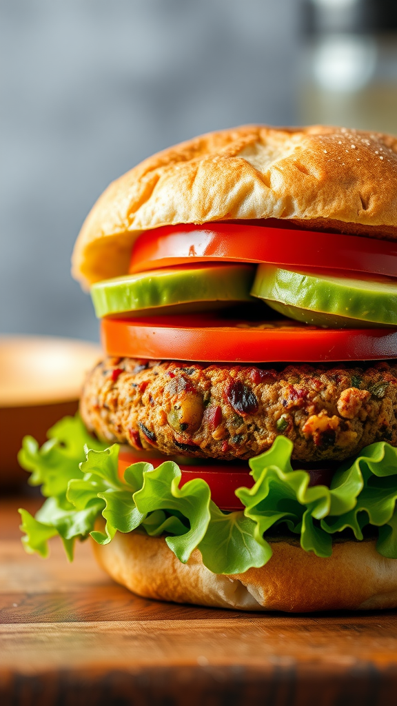 A delicious veggie burger with layers of lettuce, tomato, and pickles on a wooden table.
