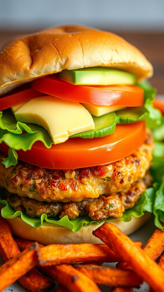 A colorful veggie burger with layers of fresh vegetables and a side of sweet potato fries.