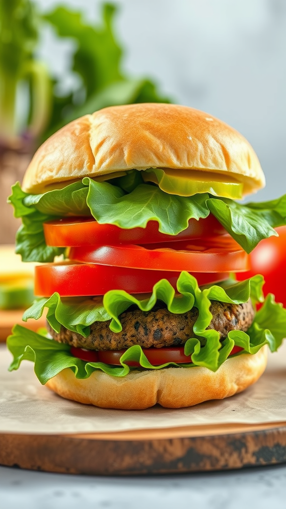 A colorful veggie burger with layers of lettuce, tomato, and pickles on a soft bun.