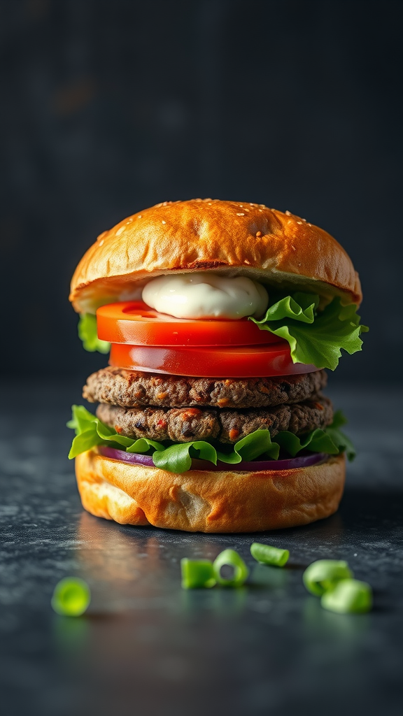 A delicious veggie burger with lettuce, tomato, and sauce on a sesame seed bun