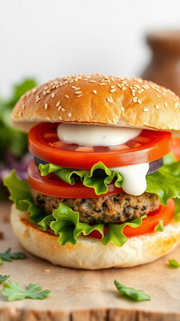 A delicious veggie burger with lettuce, tomato, and sauce stacked in a sesame seed bun.