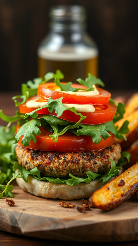 A veggie burger topped with fresh tomatoes and arugula, served with potato wedges.