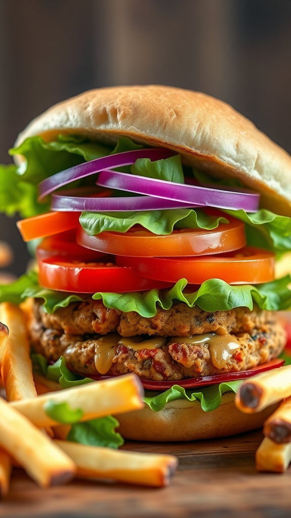 A delicious veggie burger stacked with fresh vegetables and served with fries